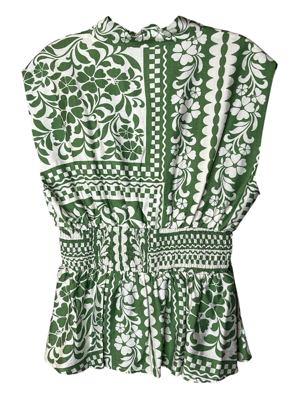 Umgee Green & White Printed Smocked Peplum Top Sz M - Picture 3 of 4